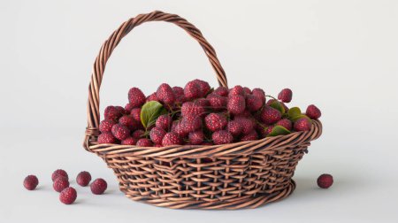 Wicker basket filled with ripe, red strawberries on a light background, with some berries scattered around.