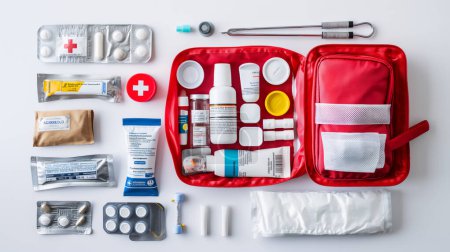 Various medical supplies organized neatly on a white surface.