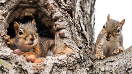 Two squirrels peeking from a tree trunk with hazelnuts, curious expressions, nature backdrop.