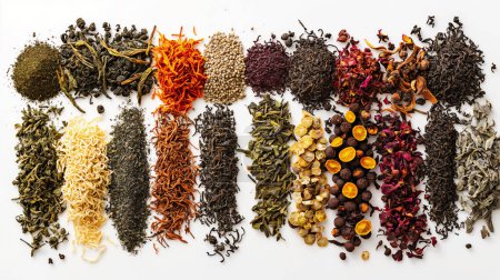 Assorted teas and spices arranged neatly on a white background, displaying variety and color.