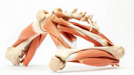 Modèle anatomique de la structure musculaire humaine de l'épaule montrant les os et les fibres musculaires.