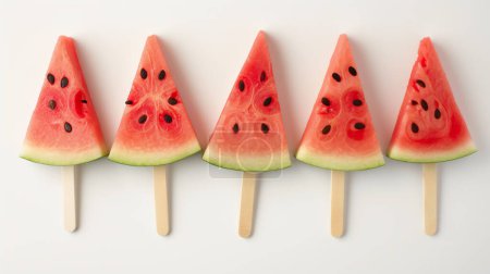 Watermelon slices on sticks aligned in a row against a white background, resembling popsicles.