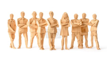 Série de figures humaines origami avec bras croisés, fabriquées à partir de papier brun, sur un fond blanc.