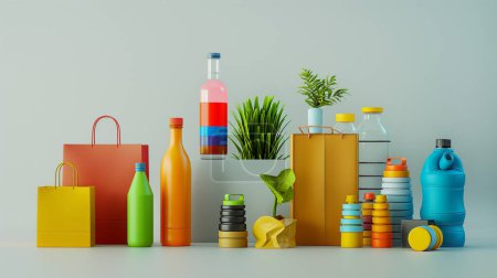 Anordnung von bunten Behältern, Flaschen und Einkaufstaschen mit Pflanzen, die wiederverwendbare und nachhaltige Verpackungen darstellen.