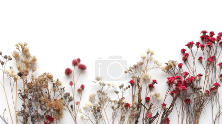 Assortment of dried flowers in beige and red tones arranged on a white background, representing a natural herbarium.