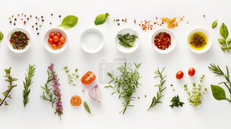 Flat lay of cooking ingredients including herbs, spices, and tomatoes on a white background, organized neatly.