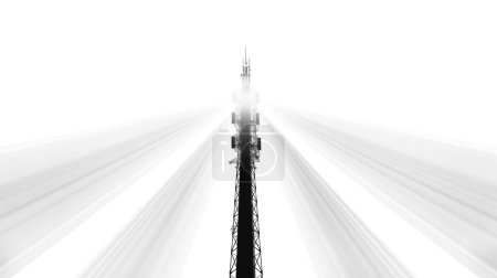 Imagen monocromática de una torre de comunicación con rayos de luz blanca radiantes.