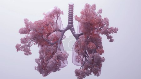 eine stilisierte Darstellung der menschlichen Lungen, wo die Bronchien und Lungenbläschen Ästen und Blättern ähneln, was das Konzept der Lungen als "Bäume des Lebens" betont."
