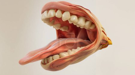 Modèle anatomique détaillé d'une bouche humaine avec dents, langue et muscles.
