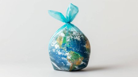 Earth depicted as if it were inside a tied blue plastic bag, conceptual art.