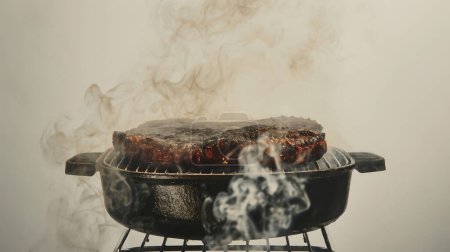 Steak pétillant sur un gril avec une fumée montante, évoquant un arôme appétissant.