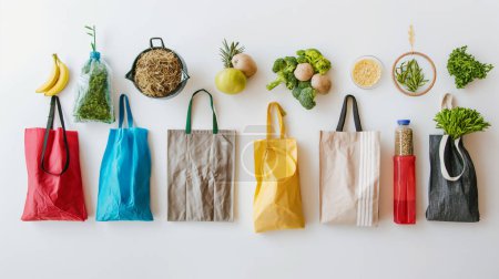 Reusable shopping bags with various groceries displayed on a white background.