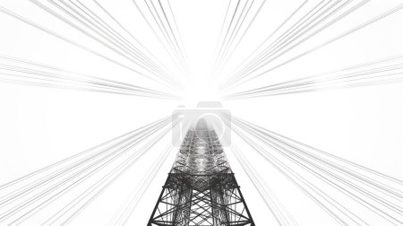 Looking up at a towering electricity pylon with numerous cables against a bright light.