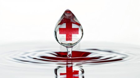 Wassertropfen mit dem Reflex eines roten Kreuzes auf einer reflektierenden Oberfläche.