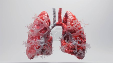 Un modelo 3D altamente detallado de pulmones humanos con estructuras de árboles bronquiales sobre un fondo blanco.