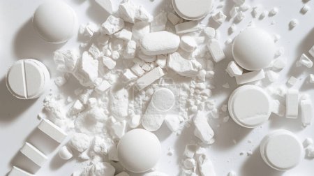 Various white pills and tablets, some whole and some crushed, on a white surface.