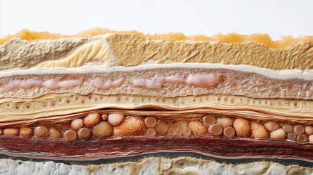 Foto de Corte transversal de varias capas de crema en un pastel, textura detallada visible. - Imagen libre de derechos