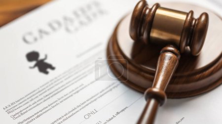 Wooden gavel on legal document with blurred text and logo.