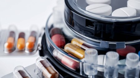 Varias pastillas y cápsulas en un dispensador de pastillas y ampollas.