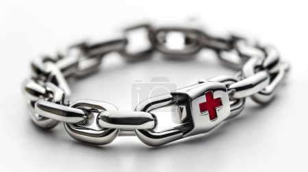 Bracelet d'alerte médicale argent brillant avec une croix rouge sur fond blanc.