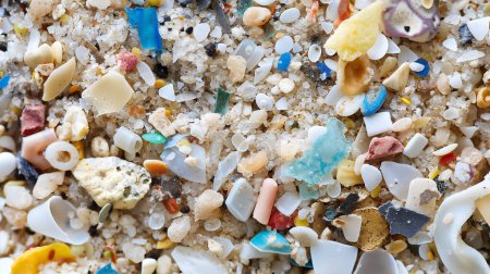 Téléchargez les photos : Gros plan sur les microplastiques colorés mélangés au sable, mettant en évidence la pollution. - en image libre de droit
