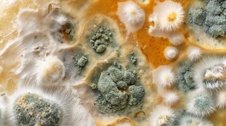Microscopic view of mold growth, showing diverse textures and colors