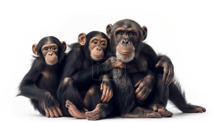 Three chimpanzees sitting together, showing family bonds and social behavior.