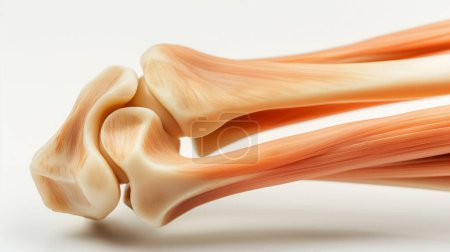 Detailed model of human knee joint showing bones and muscles.