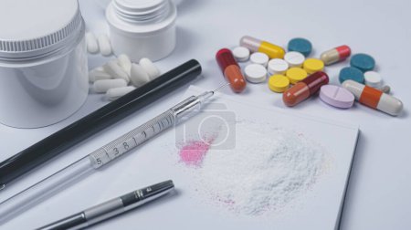 Jeringa médica, pastillas, cápsulas y polvo derramado en la superficie blanca.