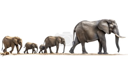 Línea de elefantes caminando en orden de tamaño, aislados sobre fondo blanco.