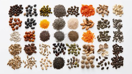 Assorted seeds and nuts neatly arranged on a white background, showcasing variety and healthy food options.