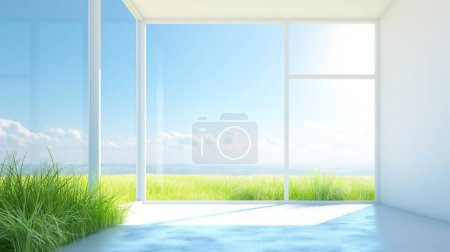 Chambre moderne avec de grandes fenêtres ouvrant sur un champ vert animé sous un ciel clair, mêlant espaces intérieurs et extérieurs.