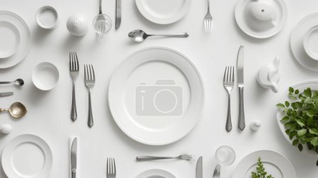 Elegante mesa con platos blancos y cubiertos cuidadosamente dispuestos sobre un fondo blanco, personificando simplicidad y refinamiento.