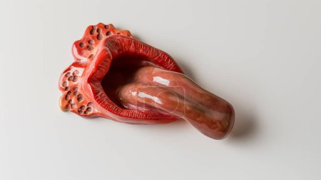 Ceramic art resembling a red pepper with textured exterior on white background.