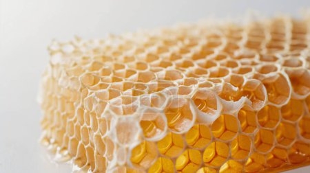 Close-up of a honeycomb with honey, highlighting the intricate natural structure.