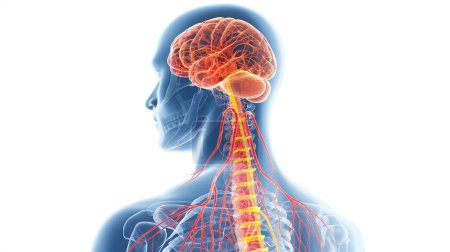 Röntgenbild eines menschlichen Profils, das Gehirn und Rückenmark mit neuronalen Netzwerken hervorhebt.