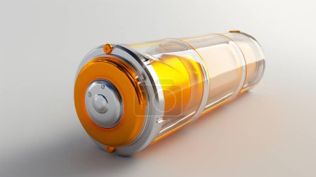 Batería naranja futurista con una carcasa transparente sobre un fondo claro, que muestra un diseño moderno.