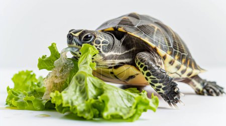 Schildkröte frisst Salat und zeigt detailliert das Fressverhalten des Reptils.