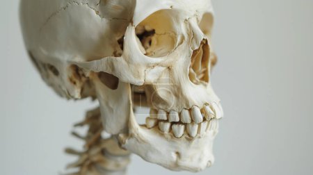 Close-up of a human skull showing teeth and bone structure, used for anatomical study.