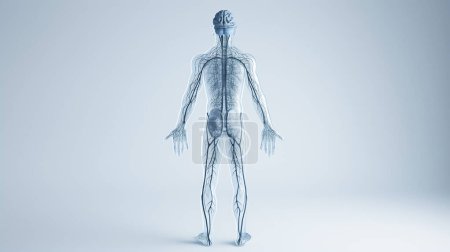 Transparent human figure with visible circulatory system on a blue background.