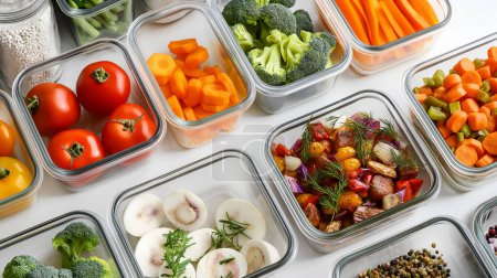Meal prep containers with various fresh vegetables and cooked food.