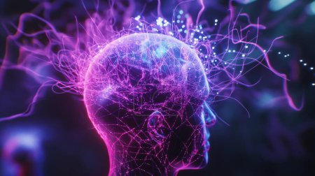 Digitaler menschlicher Kopf mit neuronaler Netzhirnaktivität in Neonfarben.