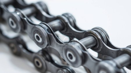 Close-up of a bicycle chain on a white background.