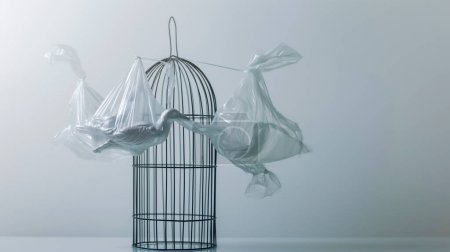 Art conceptuel de la forme d'oiseau sacs en plastique dans une cage, symbolisant les questions environnementales.