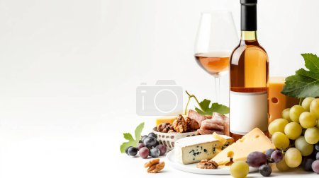 Ein raffiniertes Arrangement aus Wein, Käse, Trauben und Nüssen auf weißem Hintergrund.