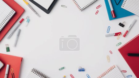 Office supplies arranged on a white background, creating a frame with copy space in the center.
