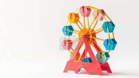 Colorful paper model of a Ferris wheel with geometric patterns on a white background.
