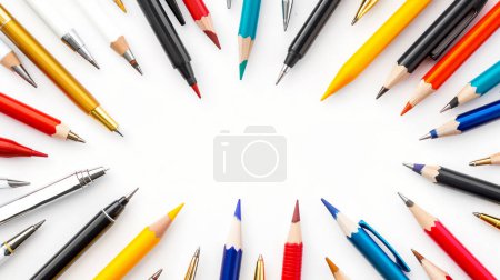 Crayons et stylos assortis rayonnant vers l'extérieur sur fond blanc, symbolisant la créativité et l'écriture.