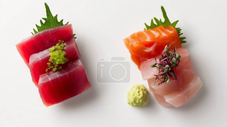 Elegant sushi pieces with tuna, salmon, and garnishes on a white background with wasabi.