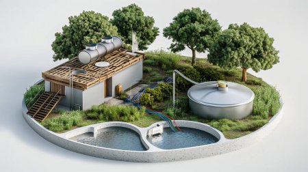 Querschnittsmodell eines umweltfreundlichen Hauses mit Wasserrecycling und Dachbegrünung.